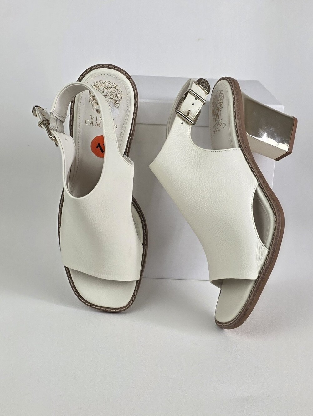 Vince Camuto White Open-Toe Slingback Leather Block Heel Sandals!